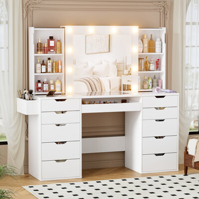 Wrought Studio Vanity Desk With Mirror And Lights White Makeup Vanity Table With Hidden Sliding Storage Cabinet & Visible Glass Tabletop & Charging Station