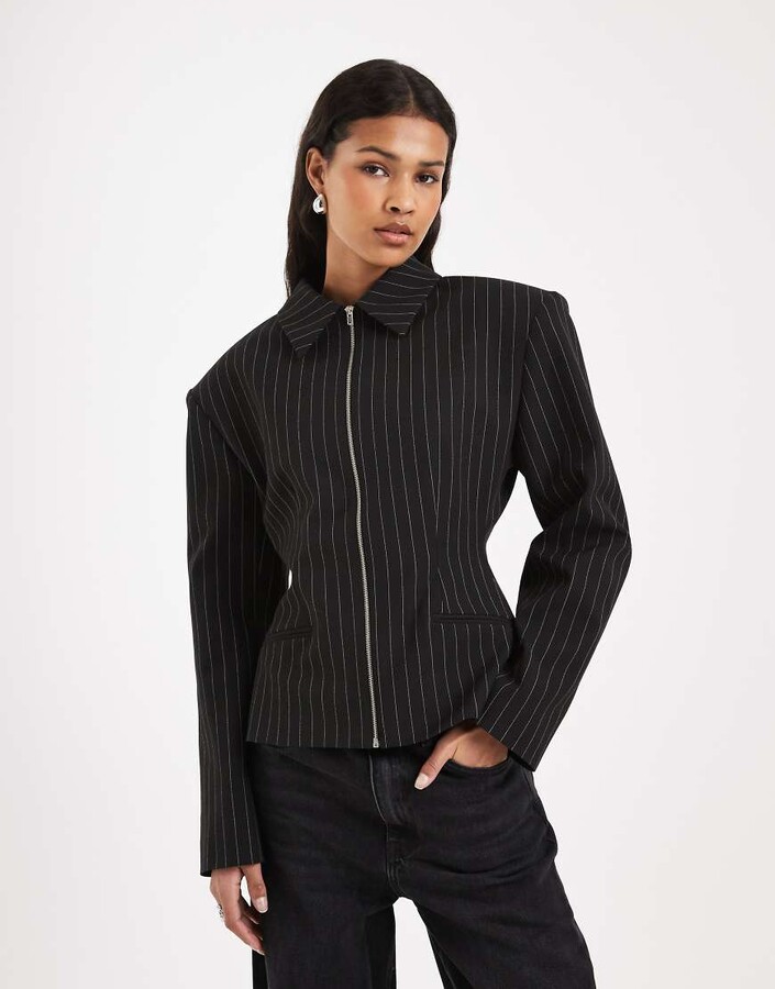 ASOS DESIGN zip up cinched tailored jacket in black pinstripe