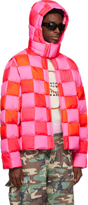 ERL Pink & Red Gradient Checker Hooded Puffer Coat