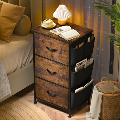 Rebrilliant Nightstand With 3 Drawers, Night Stand For Bedroom, Bedside Table With Wooden Top, Sturdy Steel Frame End Table, Small Dresser For Bedroom, Living Roo