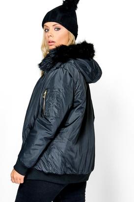 boohoo Plus Louise Bomber Jacket With Faux Fur Hood
