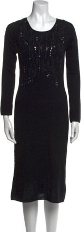 Les Copains Cashmere Midi Length Dress Les Copains Cashmere Sheath Dress Black Long Sleeve with Scoop Neck