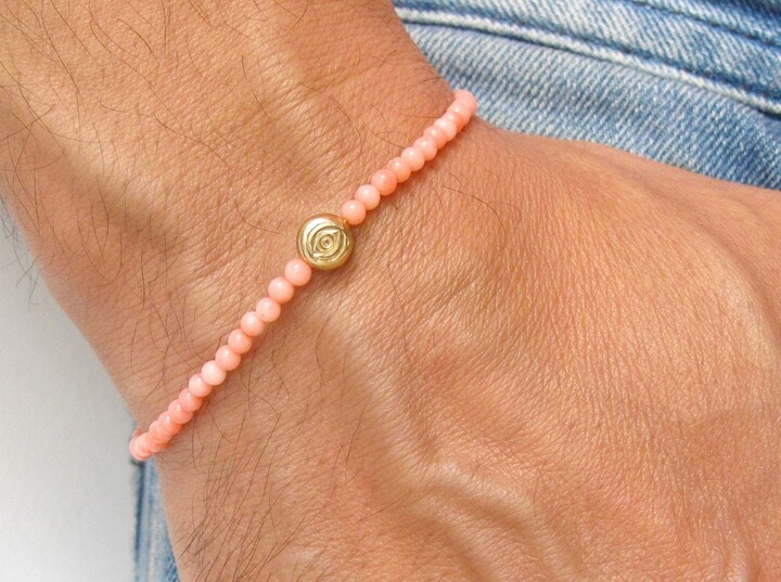 Etsy 14 K Solid Gold Evil Eye Rose Coral Gemstone Bracelet Good Luck Jewelry