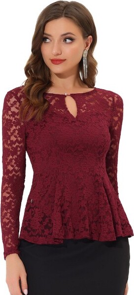 Allegra K Women's Lace Top Long Sleeve Ruffle Neck Floral Blouse X-Small  Black at  Women's Clothing store