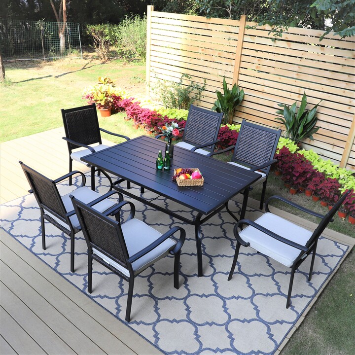 PATIO TIME 7piece Patio Dining Set, 6 Rattan Chairs with Cushion and 1