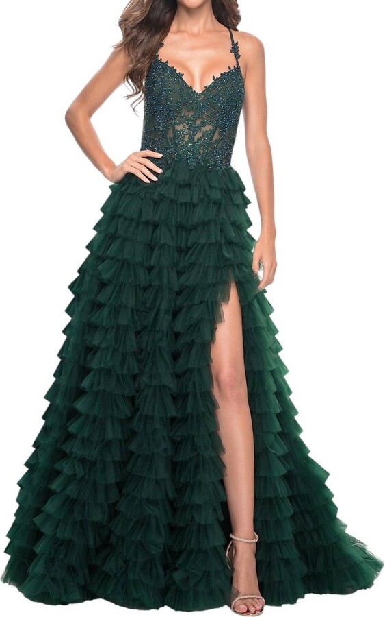 Ruffle Tulle Tiered Skirt Prom Dress In Dark Emerald