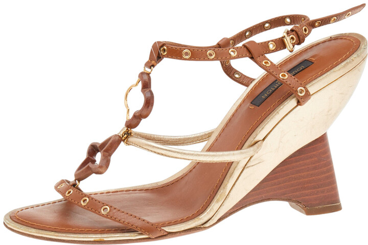Boutique LOUIS VUITTOn Brown leather and beige espadrilles wedge sandals  Size 40