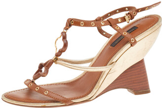 Louis Vuitton Metallic/Brown Leather and Patent Slingback Wedge Sandals Size 37