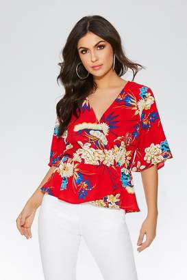 Quiz Red And Blue Floral Print Top