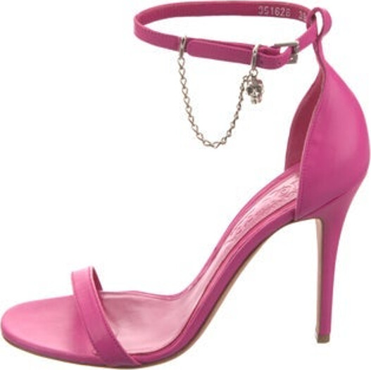 Alexander McQueen Leather Sandals Pink Skull Chain-Link Accents Wrap-Around Straps & Buckle Closure at Ankles Includes Box Unfortunately due to restrictions this item may not be eligible for shipping in all areas.