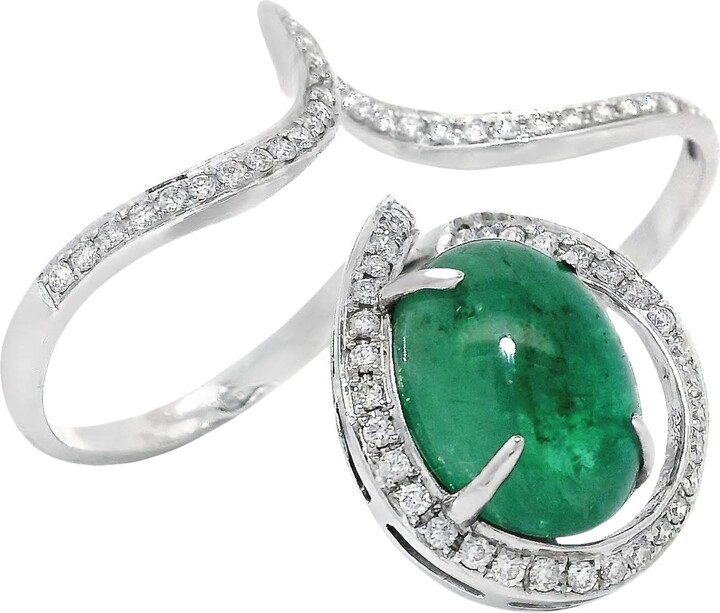 1stDibs 6.43 Carat Cabochon Emerald Two-finger Ring With Diamond In 18k White Gold