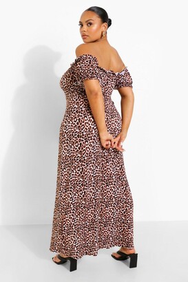 boohoo Plus Leopard Print Bardot Maxi Dress