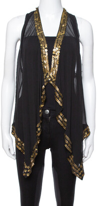 Diane von Furstenberg Black Silk Gold Sequin Embellished Ellowyn Vest M