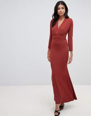 John Zack Tall plunge front maxi dress with fishtail in rust-Brown
