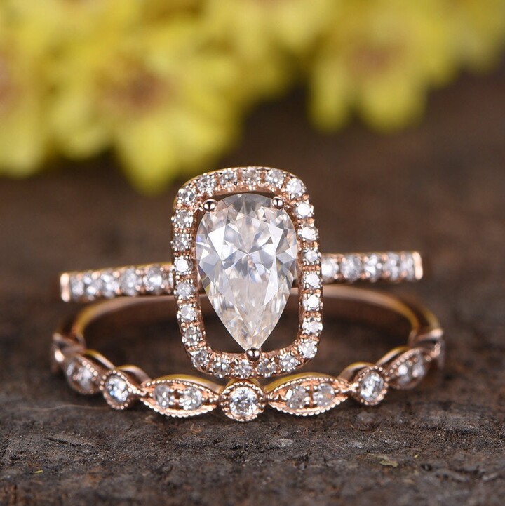 Etsy Pear Cut Moissanite Engagement Ring Set Diamond Wedding Band Unique Set 14K Rose Gold Cushion Halo Teardrop Rings
