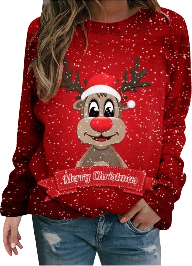 Womens Christmas Sweatshirts TUDUZ Ladies Plus Size Xmas Elk Print Pullover Jumpers Tops Tie-Dye Long Sleeve T Shirts Blouse