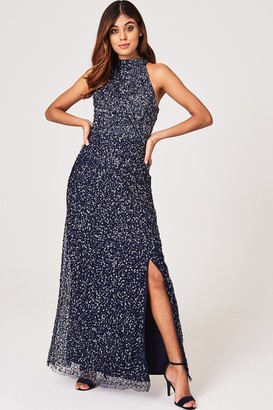 little mistress luxury georgie navy hand embellished midi dress