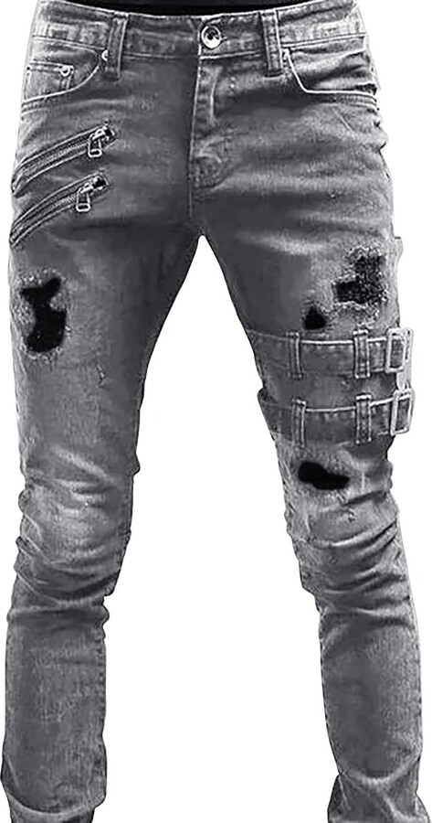 Mens Jeans Buckle Strap Jeans Generic Mens Ripped Jeans Stretch