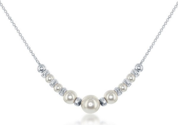 Bella Silver BellaSilverSterlingSilverAlternatingDiamondCutBeads&SwarovskiPearlNecklace-White-16+2Inch