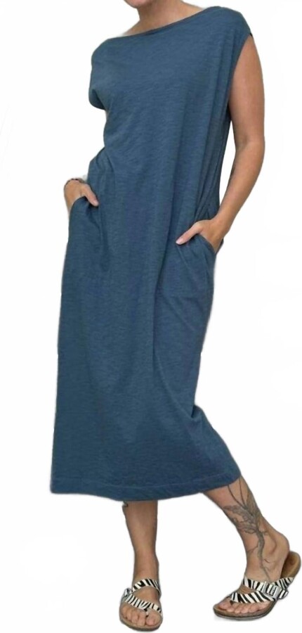 Caraucci Cotton Jersey Dress With Pockets In Blue