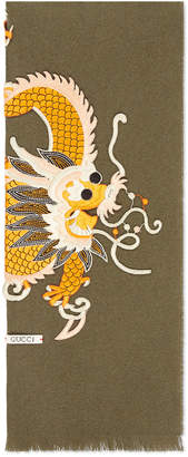 Gucci Embroidered Dragon Appliqué Scarf, Olive