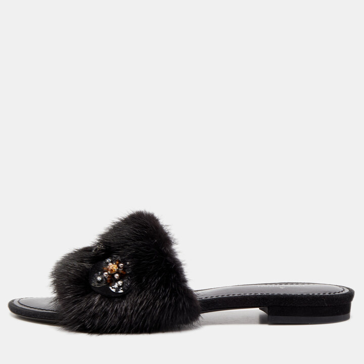 Louis Vuitton Pink/Red Mink Fur Lock It Flat Slide Sandals Size 37.5