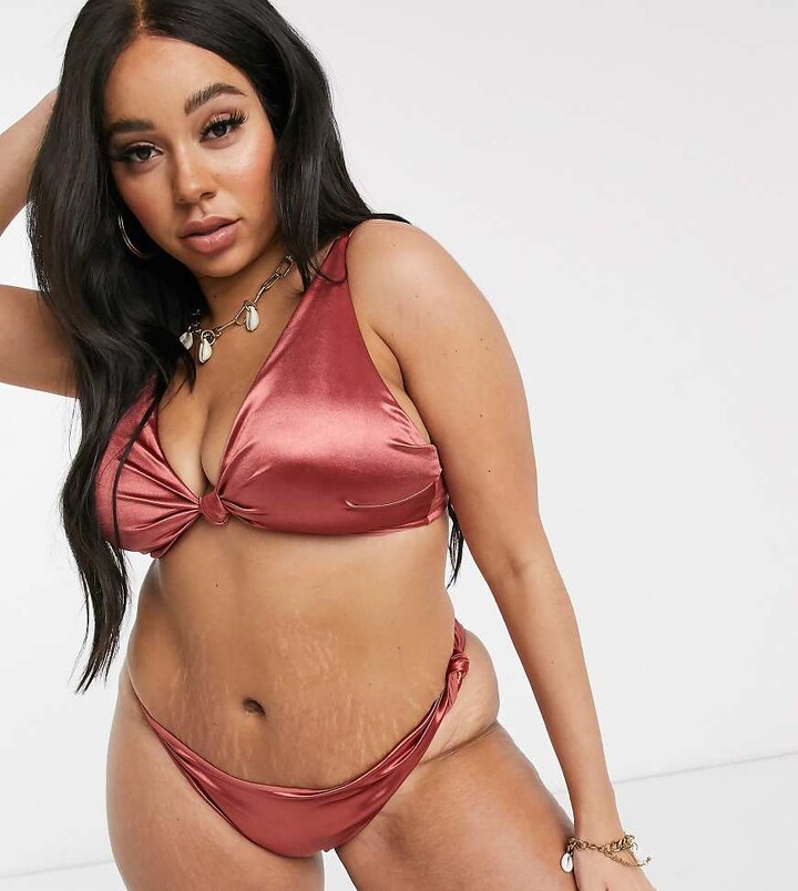 ASOS Curve ASOS DESIGN curve mirror satin knot detail hipster bikini bottom in high shine bronze