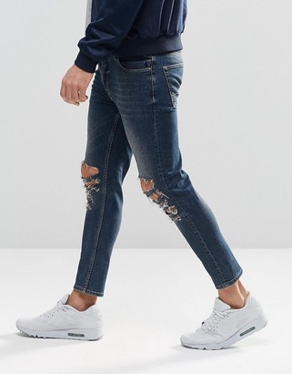ASOS Skinny Cropped Jeans With Extreme Knee Rips In Blue Wash