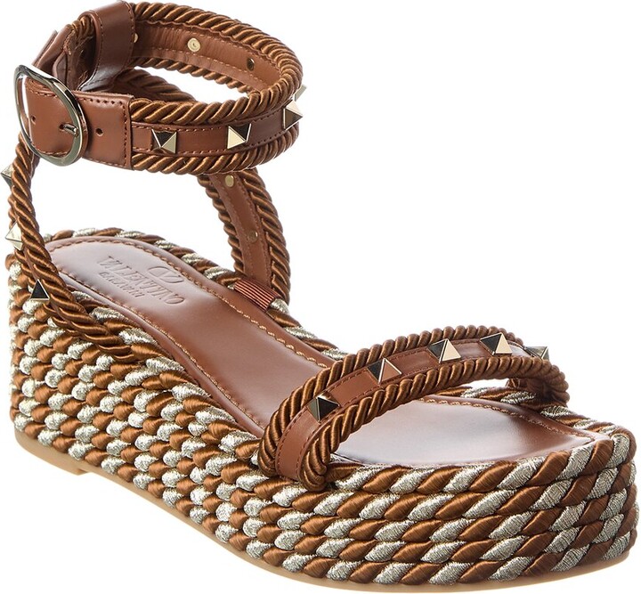 Valentino Rockstud 45 Rope & Leather Wedge Sandal