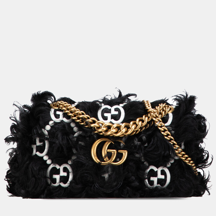 Gucci Black Small GG Marmont Embroidered Shearling Crossbody
