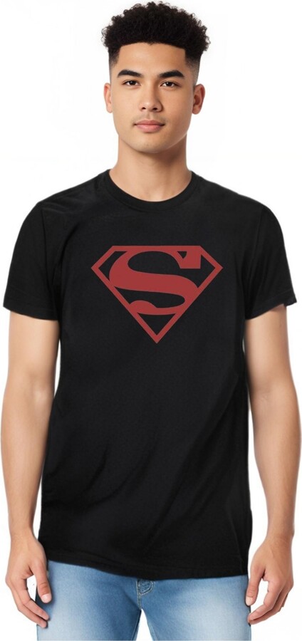 Superman Mens Red On Black Shield Short Sleeve Adult Tee / T-Shirt