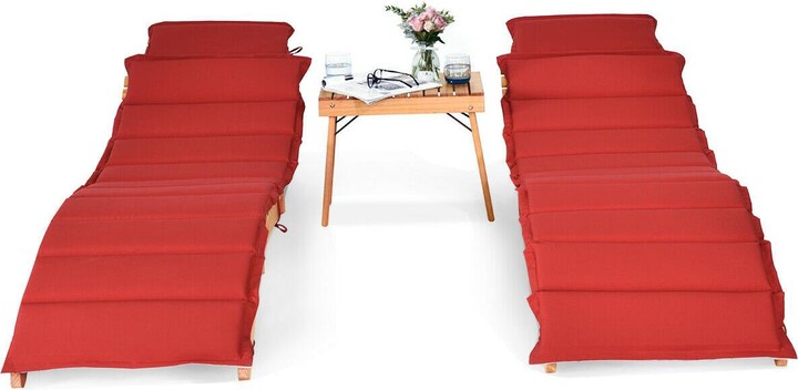 Gymax 3 Pcs Folding Eucalyptus Lounge Chair & Table Set w/ Double-sided Cushion