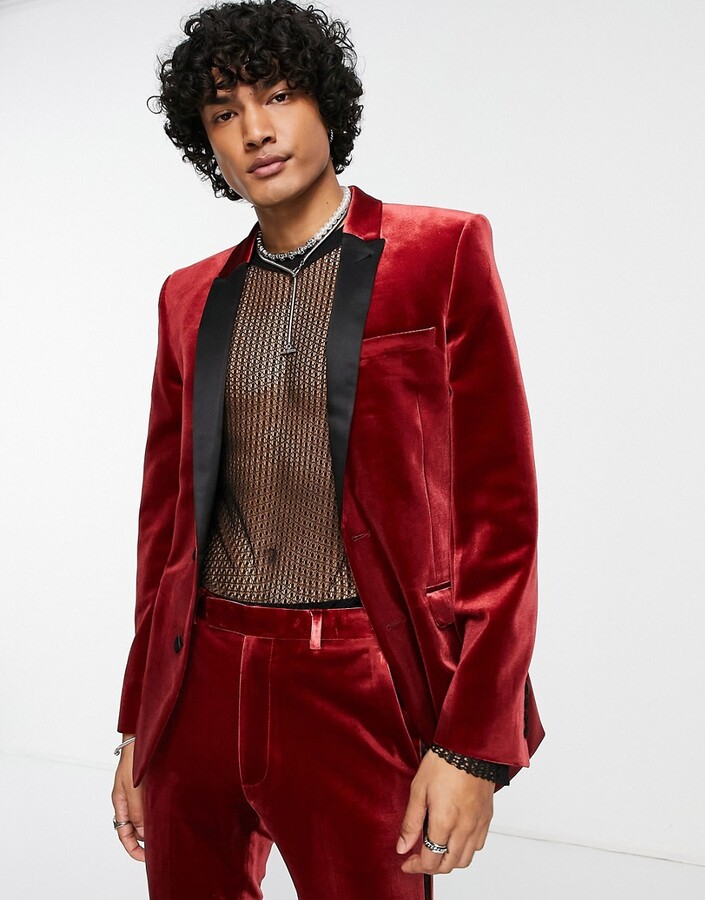 ASOS DESIGN super skinny tuxedo jacket with velvet in red - ShopStyle Suits