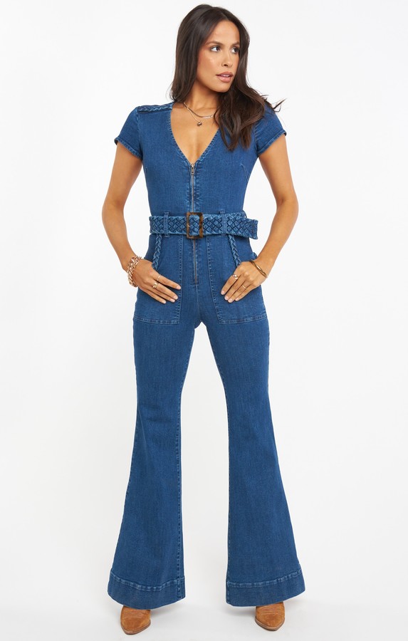 denim flare leg jumpsuit