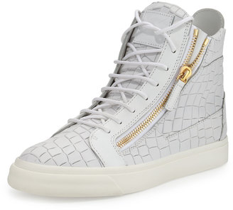 Giuseppe Zanotti Men's Crocodile-Embossed Leather High-Top Sneaker, White
