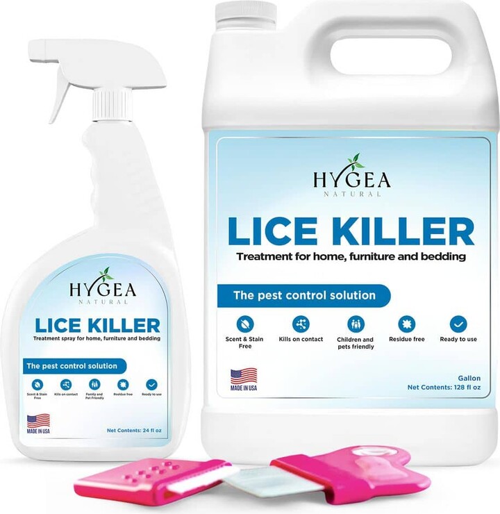 Hygea Natural Lice Spray for Furniture and Bedding Kit Odorless Non Toxic Safe- Includes Spray Gallon Refill and Comb Insect Killer