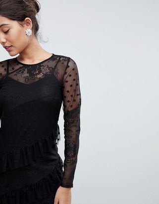 Asos Design ASOS Dobby Mesh and Lace Mix Dress With Frill Skirt