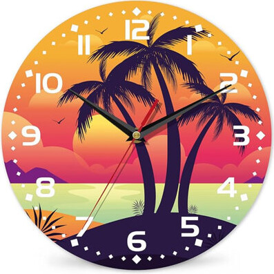 Palm Tree Sunset Art Wall Clock Vintage Wooden Wall Clock Silent Non-Ticking Battery Operated Arabic Numerals Wall Clocks Decorative For Kitchen, Offi
