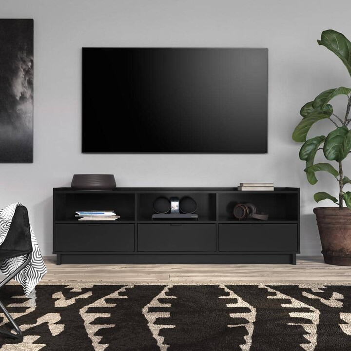 Prepac Simply Modern Black TV Stand Fits TVs up to 55 in. to 77 in. with 3-Drawers