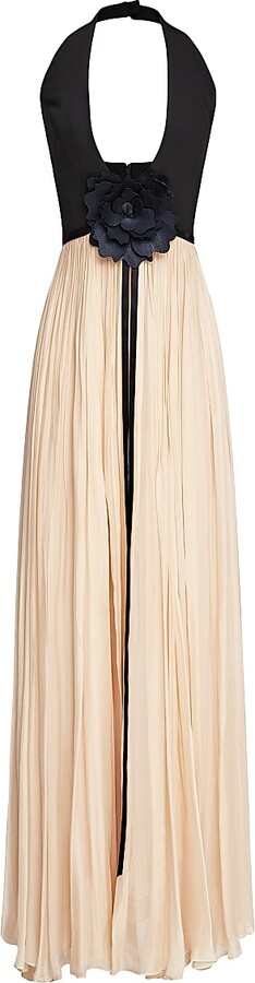 Women's Kinslee Crepe & Chiffon Halterneck Gown - Black Beige Mesh - Size 2