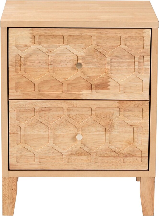 Baxton Studio Hosea Japandi Carved Honeycomb Natural 2-Drawer Nightstand