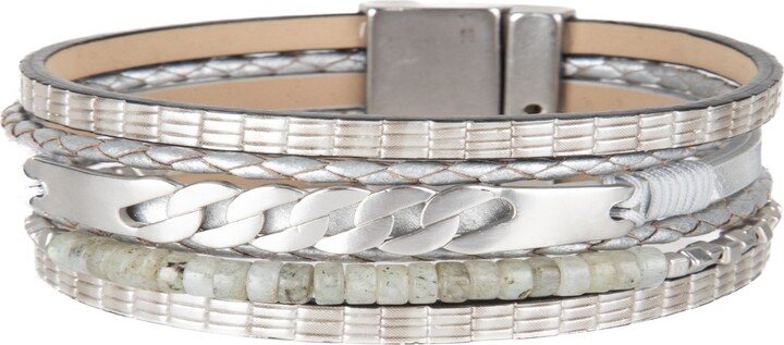 Saachi Grey Natural Stones And Chain Leather Bracelet