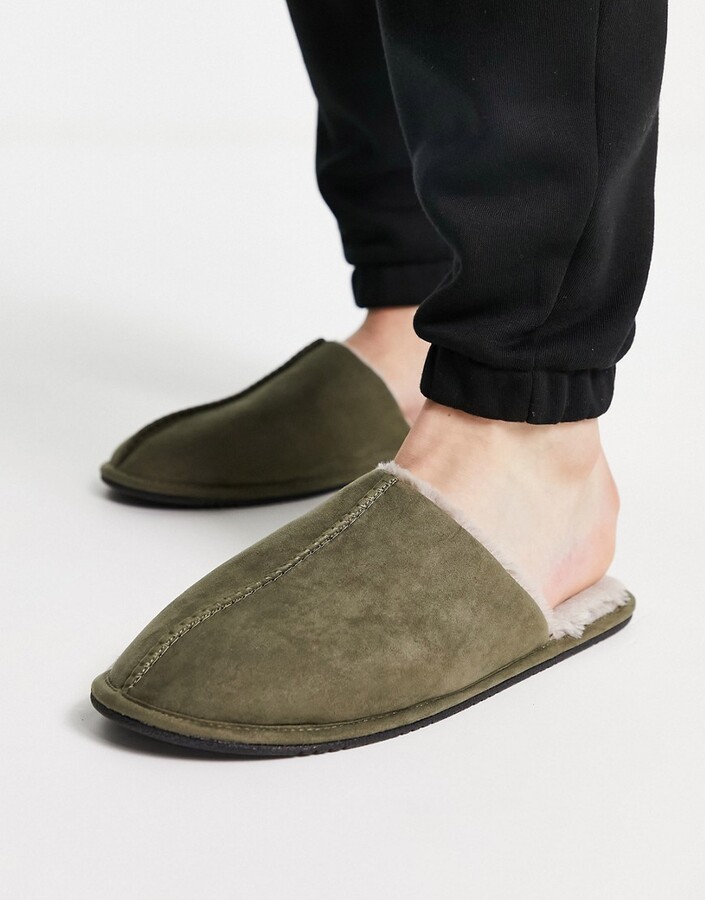 ASOS DESIGN slip on slippers in khaki with beige faux fur lining - ShopStyle
