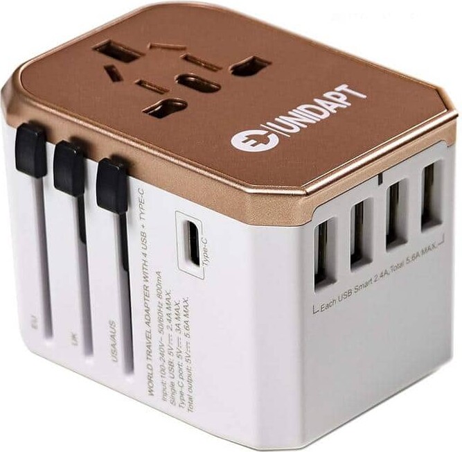 Lukyamzn Universal Wall Plug Travel Adapter Voltage Converter with 1-Outlet, 4 USB-A, 1 USB-C Ports in Rose Gold