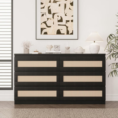 Ebern Designs Rattan 6-Drawer Dresser, Modern Double Dresser with Woven Front for Bedroom & Living Room