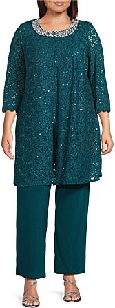 R & M Richards R M Richards Plus Size 34 Sleeve Embellished Round Neck Lace Duster 3-Piece Pant Set