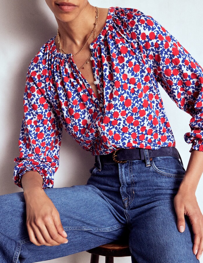 Isla Long Sleeve Jersey Shirt, Poppy Red, Floweret Vine