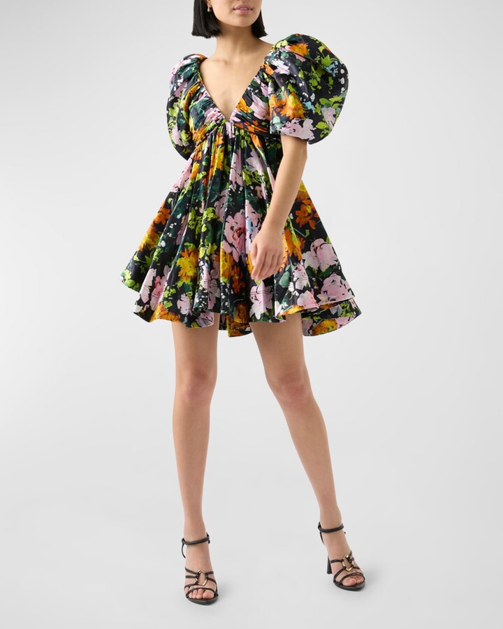 Aje Gabrielle Plunge Puff-Sleeve Floral Linen-Blend Mini Dress - ShopStyle