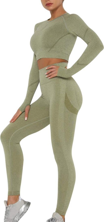 Vertvie Women's Seamless Tracksuit Yoga Gym Set 2 Piece Long Sleeve Thumb  Hole Crop Tops Butt Lifting Leggings Workout Sportswear Outfits Set(Light  Green - ShopStyle Activewear Trousers