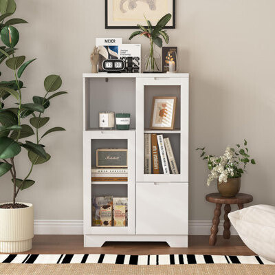 Latitude Run MDF Painted Cabinet With Glass Doors And Drawer, Open Storage Space, White ,Bedroom, Living Room
